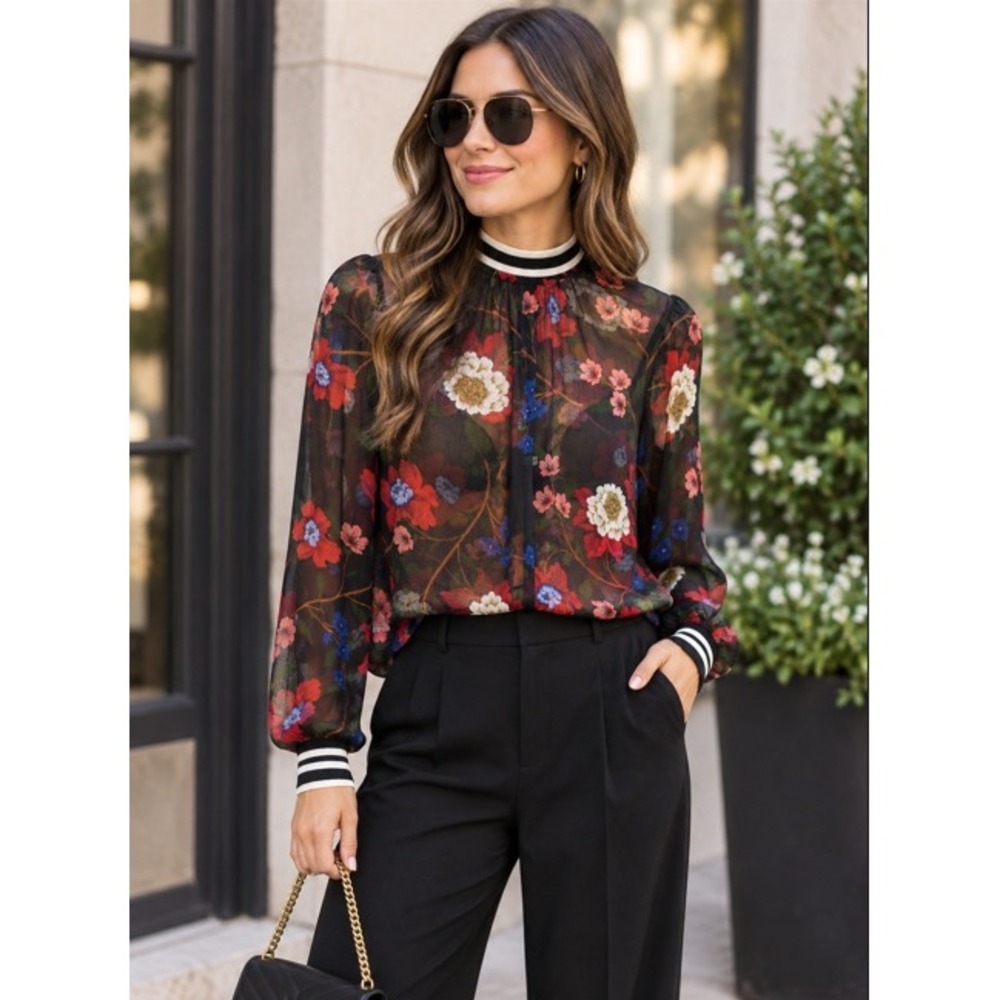 Floral Chiffon Sheer Blouse Striped Ribbed Trim High Neck Long Sleeve Top Black